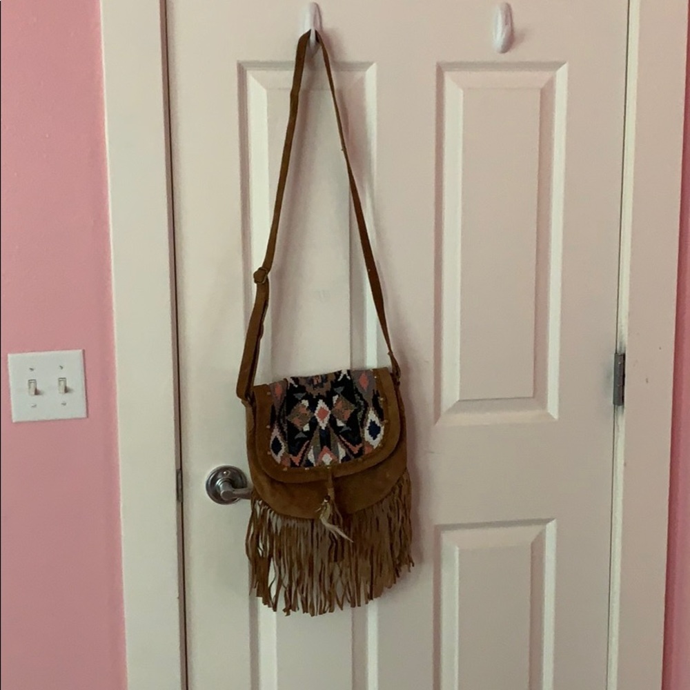brown fringe and beaded bag
